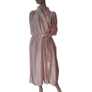 JCPenney Misses Beth Michaels Long Robe Size Large Pink Ruffles Elbow Sleeves